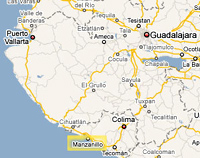 Mexico map including Manzanillo, Puerto Vallarta, Guadalajara and Colima