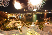 time exposure of a Manzanillo fireworks display over the harbor