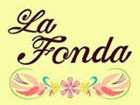 the La Fonda logo, pink flowers on a bright yellow background