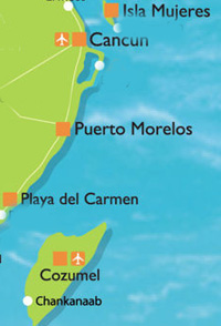 Map showing Playa del Carmen and Cancun