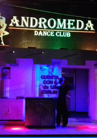 Purple lights of outside the Andromeda Strip Club