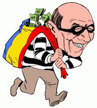 cartoon of corrupt Mexican strip club owner with a bag of loot